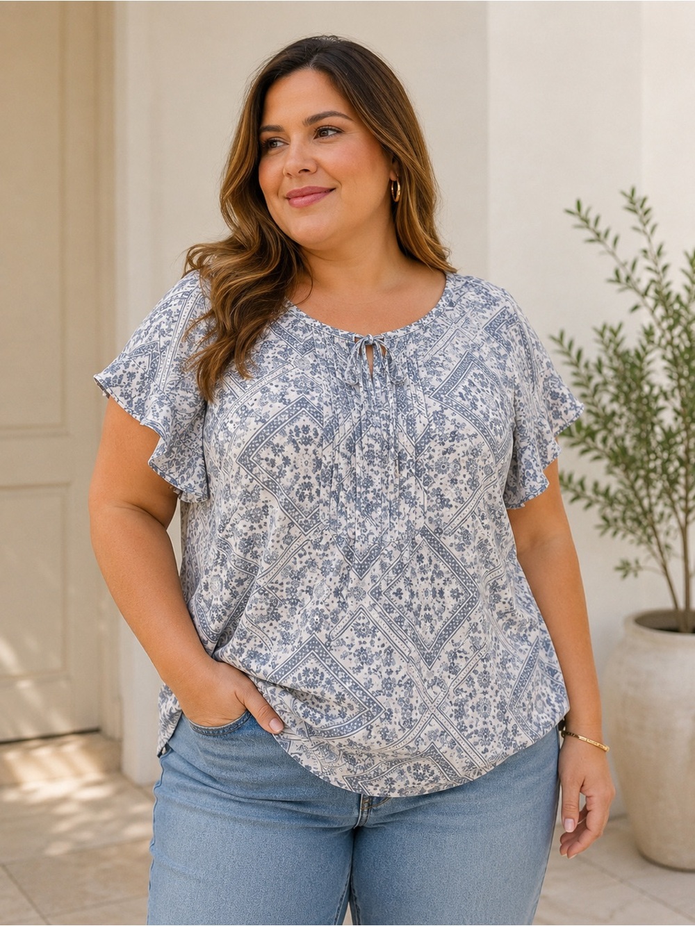 Como Vintage Blue Floral Tie-Front Flutter Sleeve Blouse